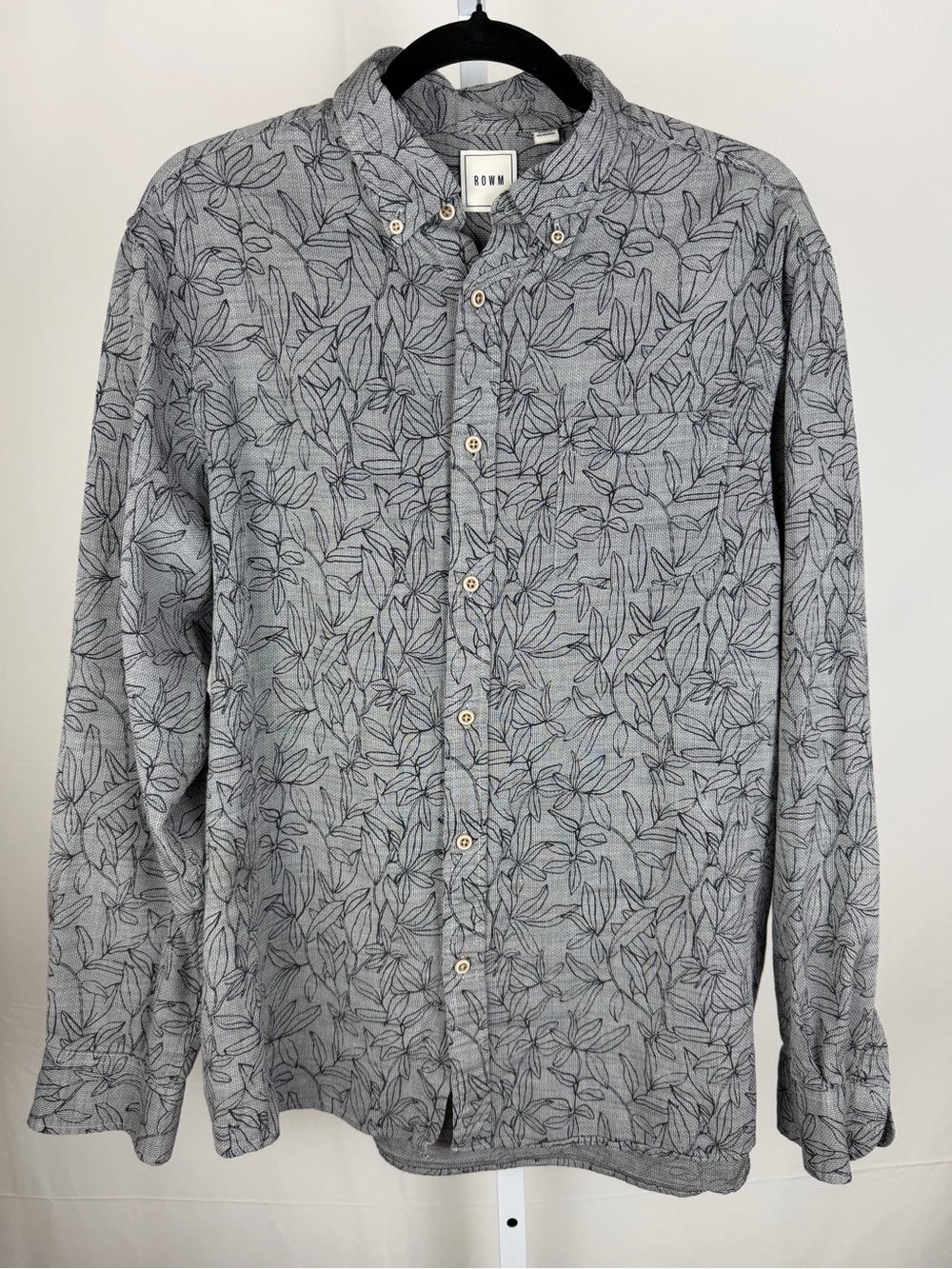 ROWM Mens Shirt L Gray Floral Botanical 100% Cotton Button Down Long Sleeve